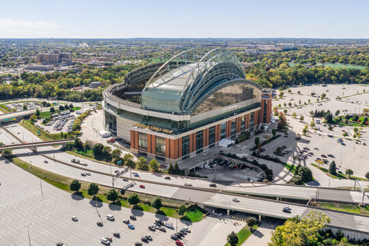 Milwaukee, WI, USA - October 7, 2025: American Family Field is home to Major League Baseball's Milwaukee Brewers. The stadium was previously known as Miller Park. Aerial view.