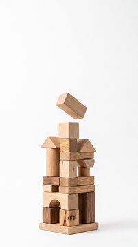 Stack of natural wood building blocks forming a tower with one block falling from the top