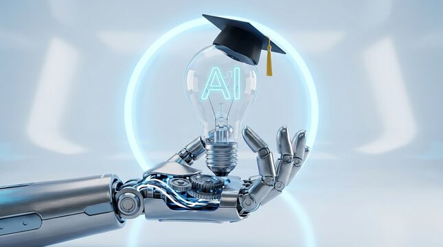 A robotic hand holding a glowing light bulb with a graduation cap floating above it representing artificial intelligence education