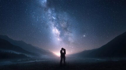 Fototapeta premium Loving Couple Holding Each Other Beneath A Stunning Starry Sky Featuring The Milky Way In A Beautiful Natural Setting