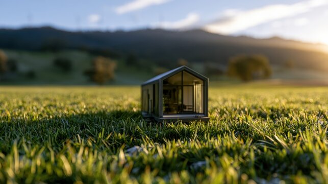 A small modular home sits on green grass in a big meadow, facing distant hills as early morning light spreads across the scene.