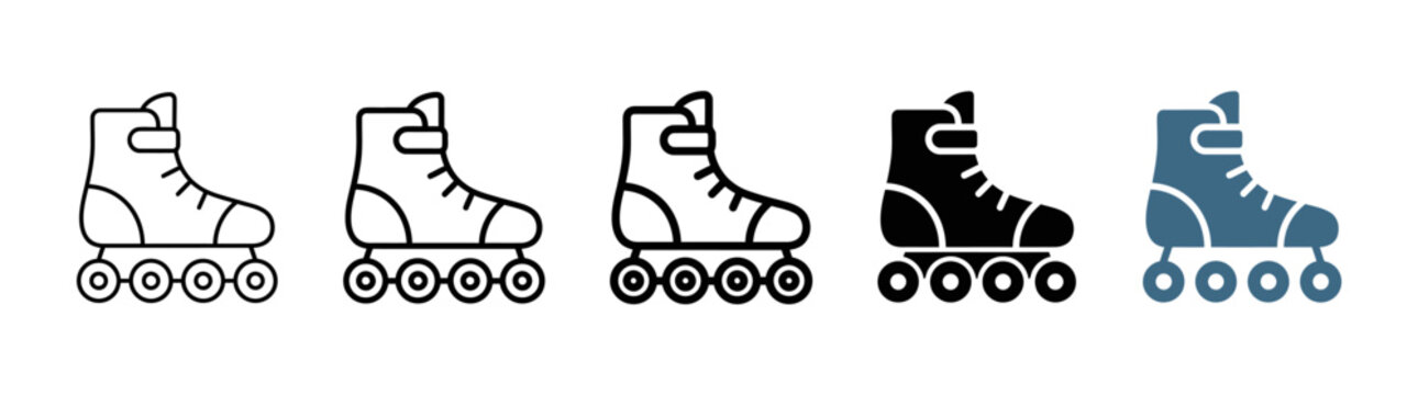 Inline skates icon set: outline, filled, silhouette, and color versions. Flat vector illustration.
