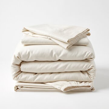 Neatly folded stack of cream colored bedding including a duvet cover and sheets on a white background