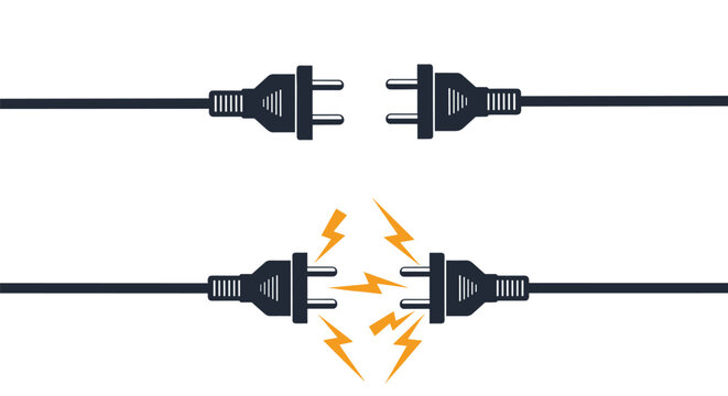 Conceptual illustration of electrical plugs being disconnected and sparking representing power issues or connection.