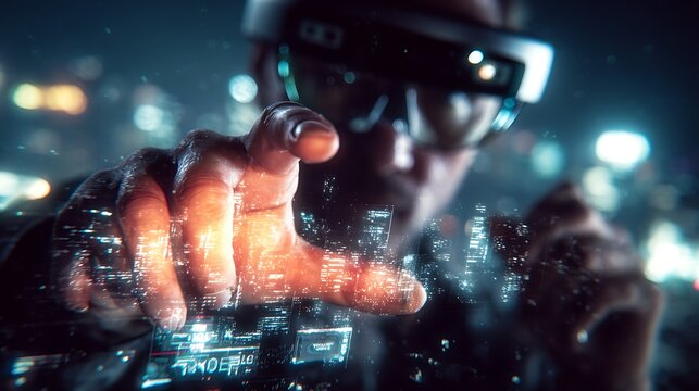 Close-up of a person wearing futuristic augmented reality glasses outdoors at night