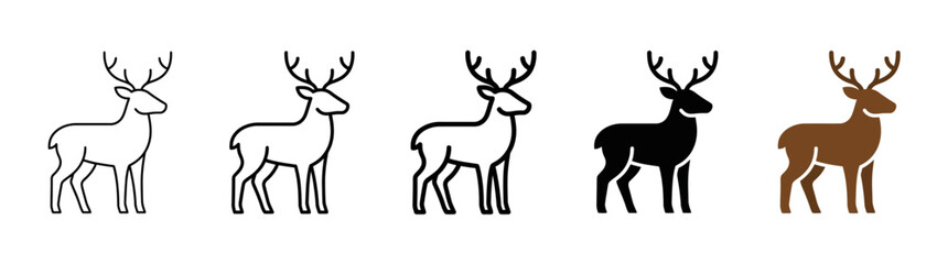 Obraz premium Deer Icons Set: Outline, Silhouette, and Colored Representations on White Background
