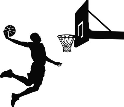Basketball player dunking silhouette, athlete jumping to hoop, sports vector