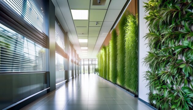 blurred modern office corridor with green plants