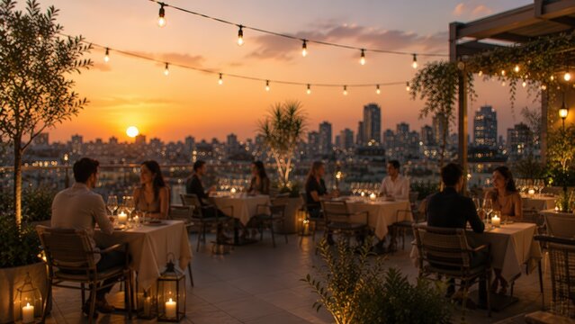 Rooftop restaurant dining terrace sunset city skyline urban lifestyle romantic dinner evening atmosphere luxury outdoor patio hospitality