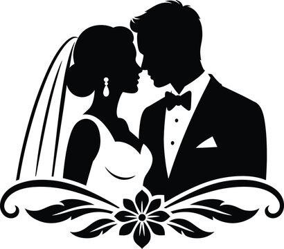 Wedding couple silhouette, romantic bride and groom, elegant marriage vector