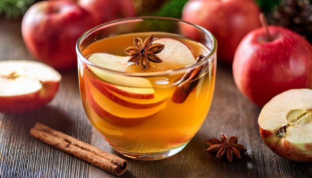 delicious homemade apple compote with cinnamon stick and star anise in a glass