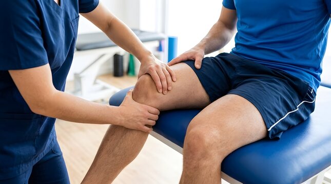 Physiotherapist in blue scrubs examining and massaging the knee of a male patient sitting on a treatment table during a rehabilitation session in a bright physiotherapy clinic