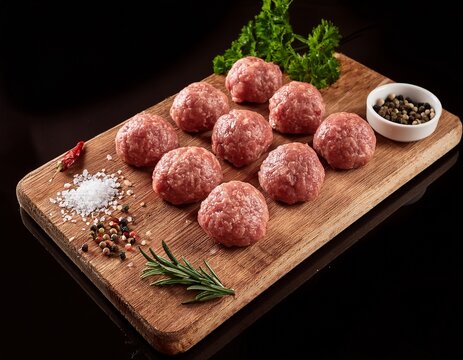 raw meatballs on wooden cutting board with spices