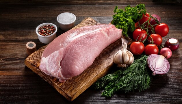raw pork loin with herbs and vegetables on rustic wooden table
