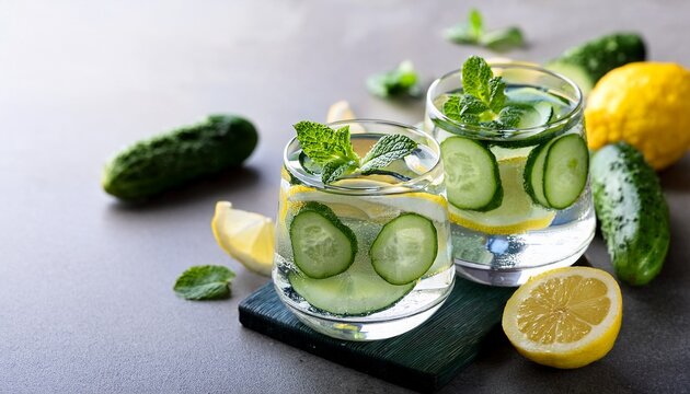 refreshing detox water with cucumber lemon and mint in glasses
