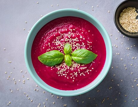 vibrant beetroot soup with sesame seeds and fresh basil leaves