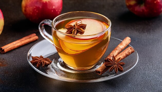 warm apple cider with cinnamon sticks and star anise on dark background
