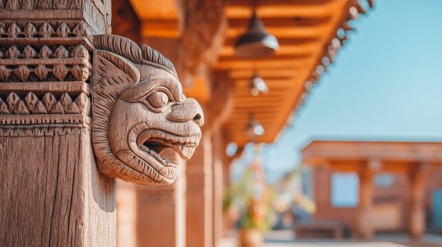 Detailed Wooden Carving of Newari Strut with Vivid Expression and Design