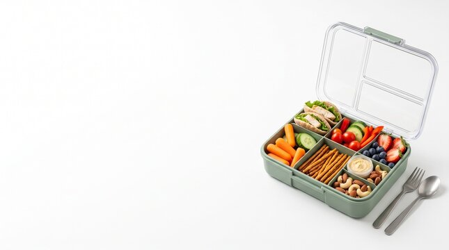 Healthy Bento Box Lunch with Chicken Sandwiches Fruits Vegetables Nuts and Dip