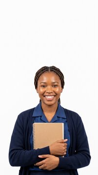 Young Black Woman Student Smiling Holding Notebook Wearing School Uniform Cardigan and Shirt
