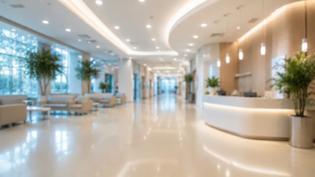 Blurred office lobby reception desk modern hospital clinic waiting area interior design luxury business background professional corporate environment
