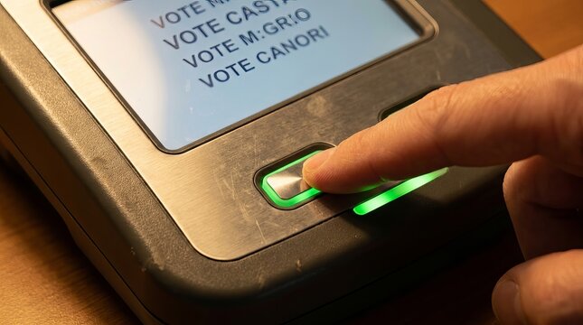 Close up of a person pressing a button on an electronic voting machine during an election day