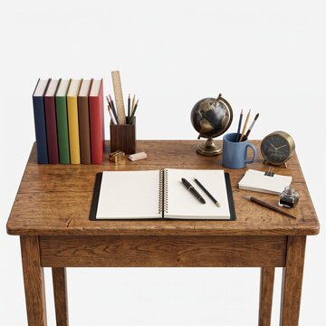 Vintage wooden desk with school supplies and antique globe