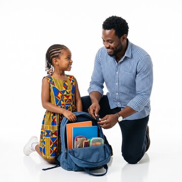 Father and daughter preparing school backpack with books and pencils for education and learning