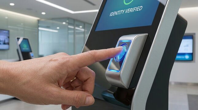 A person uses their finger on a biometric fingerprint scanner for secure identification at a modern office terminal