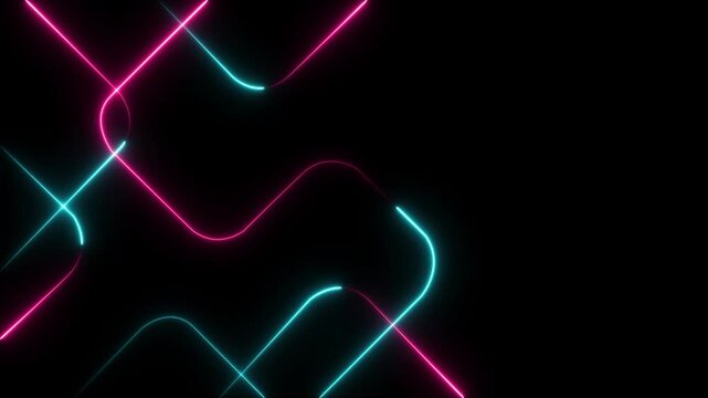 Neon glowing rounded square lines abstract background, cyberpunk tech motion