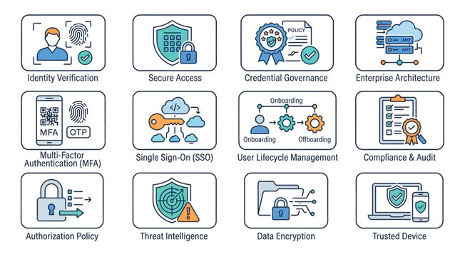 Cybersecurity and Data Protection Concepts Icons Set.