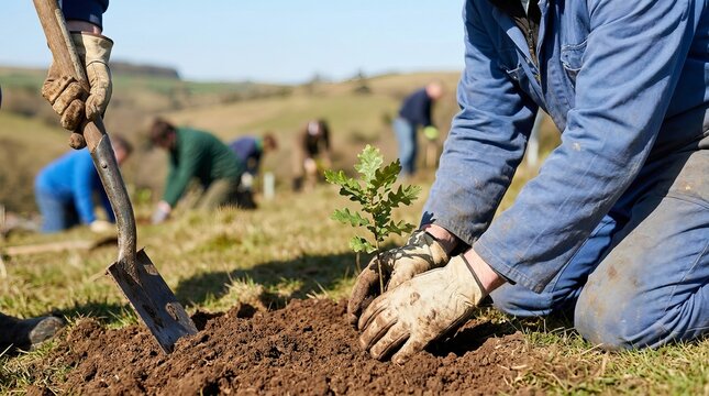Volunteers planting young trees in a field to help restore the local environment and fight climate change