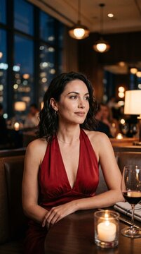 Elegant Woman Deep Red Silk Halter Gown Luxury Hotel Lounge Dim Warm Ambient Light Cinematic Portrait