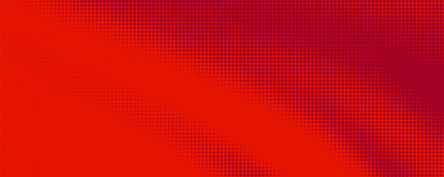 Modern red and crimson pop art background with halftone dots in comic style, vector illustration