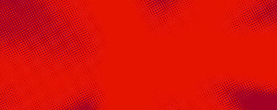 Modern red and crimson pop art background with halftone dots in comic style, vector illustration