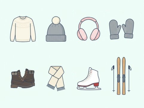 Set of winter clothes and accessories vector icons with accessories, earmuffs