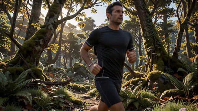 EIn mann der aktiv durch den wald joggt . Er tr&auml;gt Sportbekleidung im sanften sonnenschein . KI Generiert