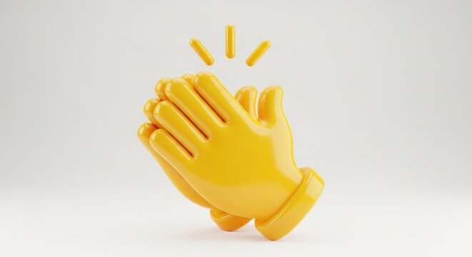 Glossy Yellow 3D Clapping Hands Icon Isolated on White Background, Symbol of Applause and Approval