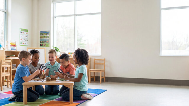 Students examine small objects with magnifying glasses while sitting at a wooden table in a well-lit classroom environment designed for early childhood scientific exploration.