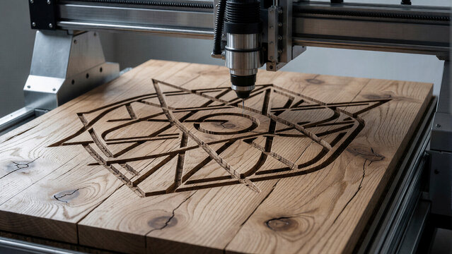 Eine CNC Maschine die gerade in ein Massives st&uuml;ck holz etwas graviert. KI Generiert
