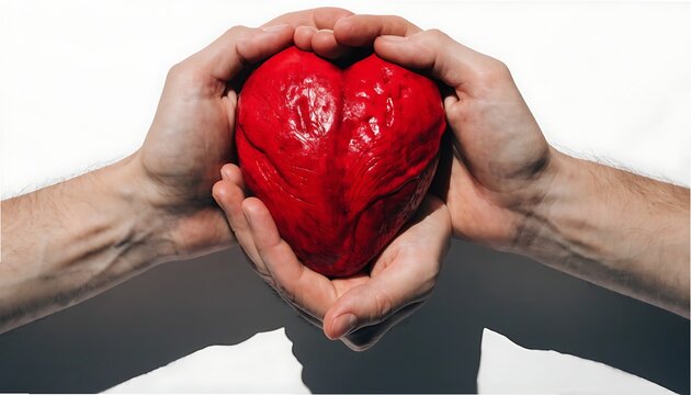 Hands holding a red heart shape showing love and care cut out White background with shadow. AI GENERATED.