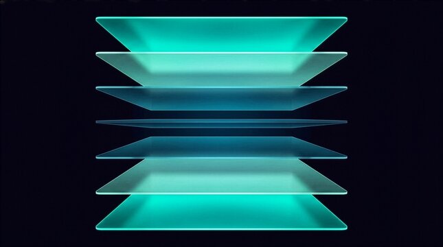 Abstract glowing cyan layers stacked vertically with stacked symmetrically against cyan rectangular