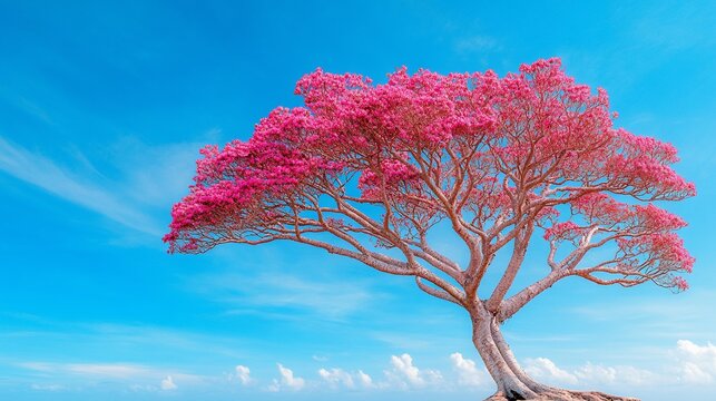 Pink-blossomed tree stands against a vivid blue sky with wispy clouds backdrop