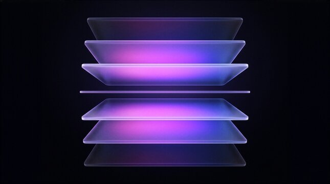Abstract glowing glass layers floating in dark space with vibrant purple blue gradient light