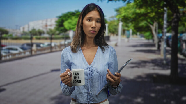 Young thai woman holds a mug reading i am the boss and a clipboard, hand gripping mug and pen visible, standing on a busy city street; confidence leadership.