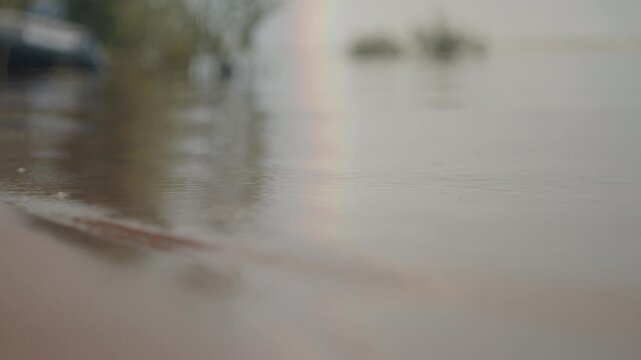 Sandy beach with gentle waves and rainbow in the sky. Coast of the lake after rain