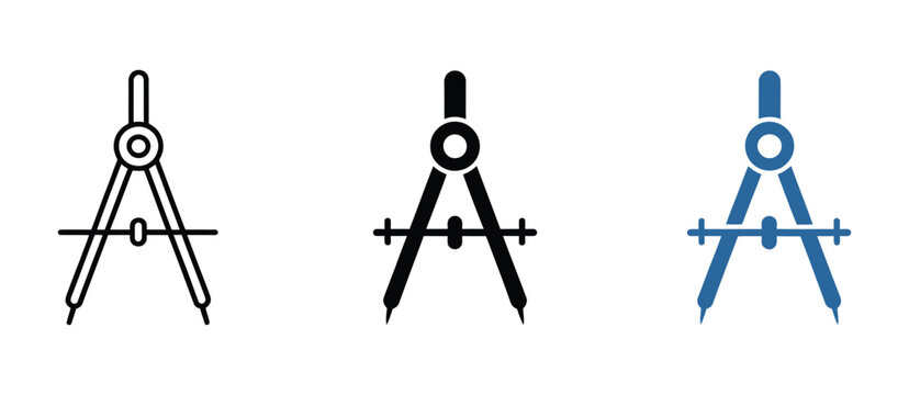 Drawing compass icons featuring math, geometry, drafting, and architecture tool symbols in outline, solid, and flat vector styles for technical drawing, engineering, education, construction, and desig