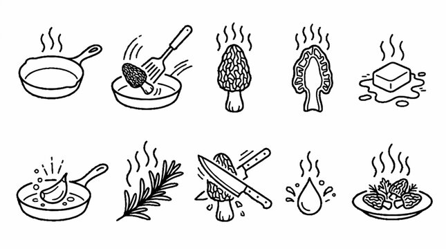 Hand drawn doodle icons of cooking morel mushrooms with herbs and butter.