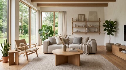Fototapeta premium Modern Scandinavian Living Room with Natural Light and Lush Greenery