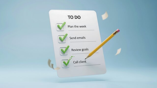 3d illustration of paper to do list floating in air with yellow pencil and green check marks against light blue background symbolizing productivity time management and task completion.